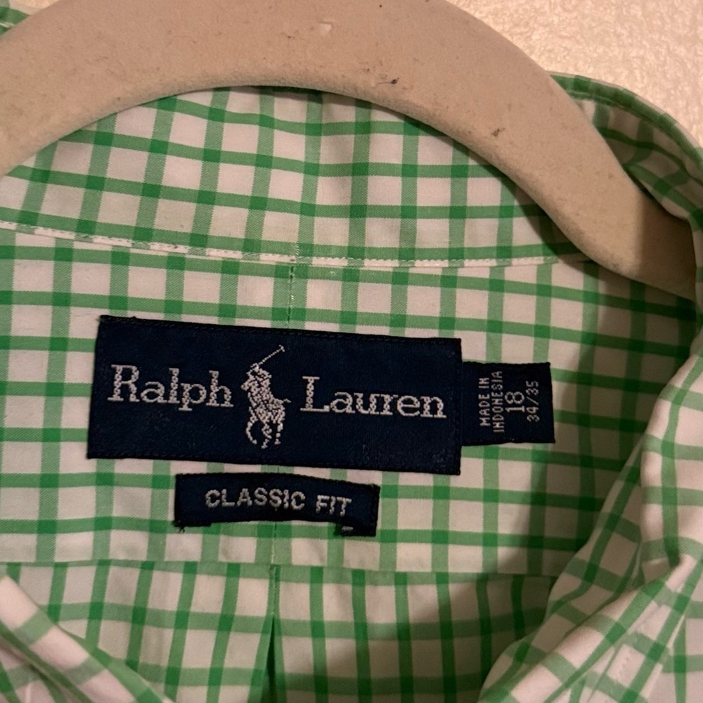 Ralph Lauren Classic Fit Green White Check Button-Down Shirt Men’s Size 18 34-35 - Picture 4 of 7